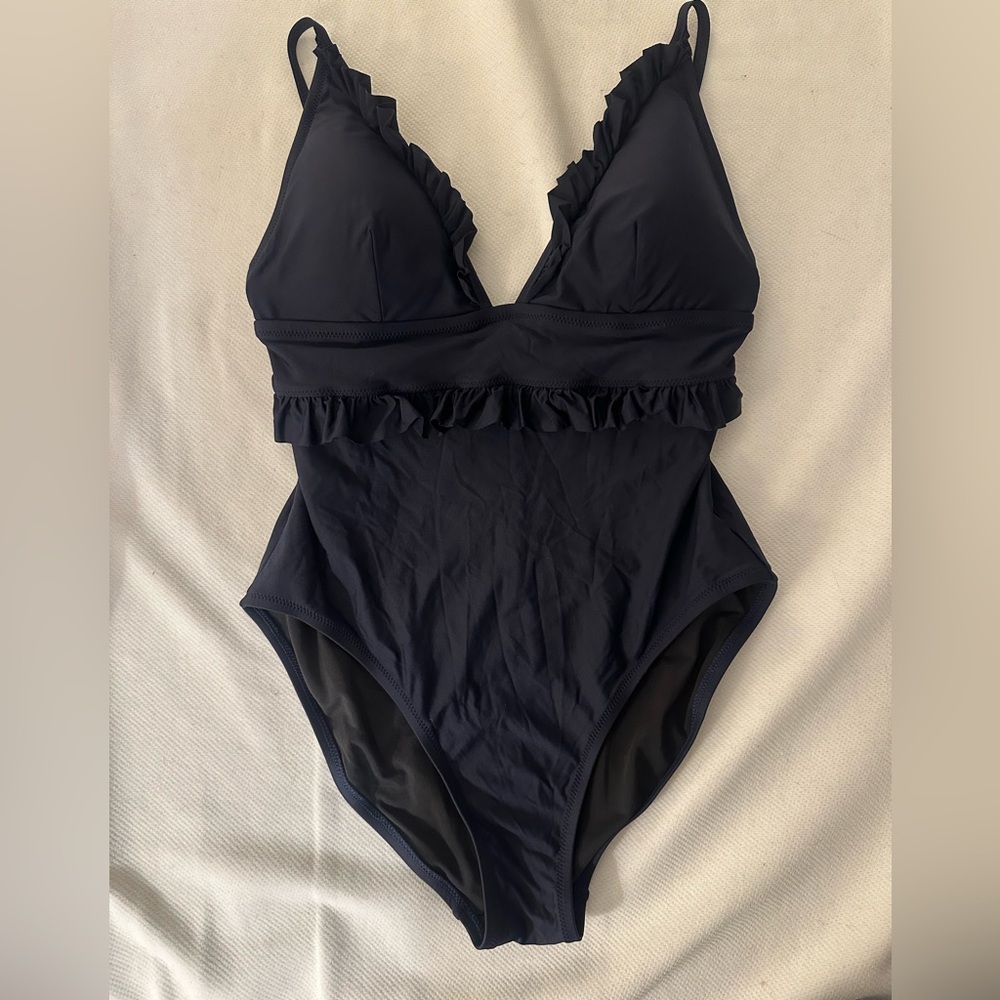 J. Crew Navy Ruffle Deep-V One-Piece Swimsuit - Picture 4 of 9
